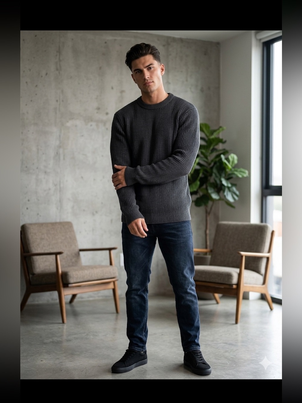 BoohooMAN Charcoal Grey Ribbed Knit Sweater XL